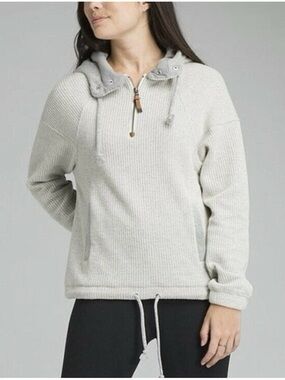 Prana wool sweatshirt quarter zip hooded athleisure sporty chic yoga hiking
